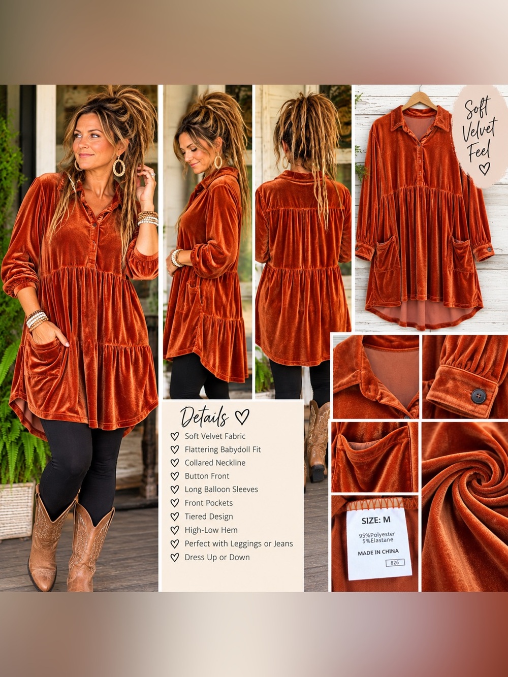 Velvet Tiered Babydoll Tunic Top - Rust Orange